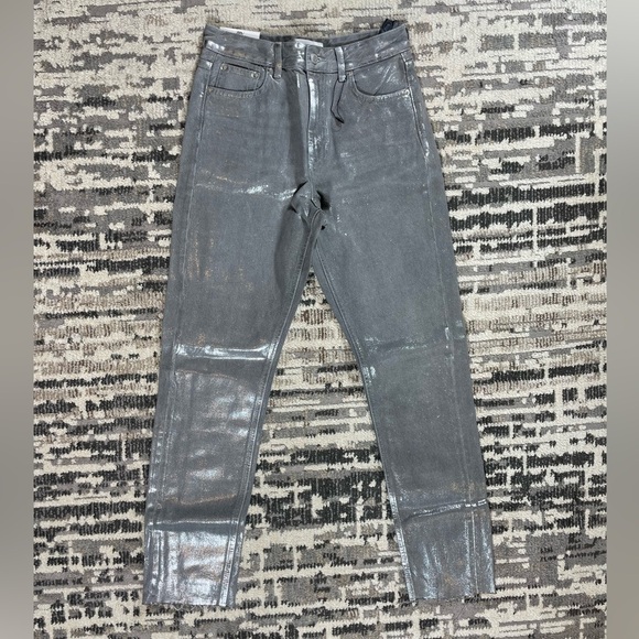 New Zara Midrise Metallic Sparkle Slim Straight Silver Grey Jeans - Picture 5 of 13